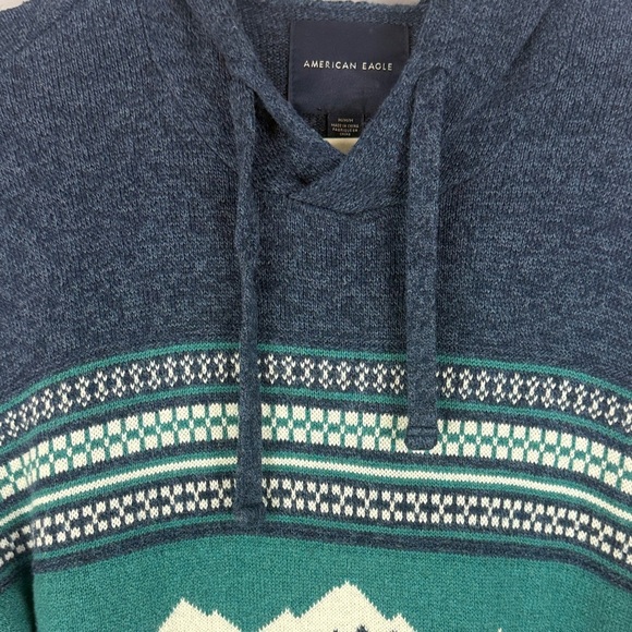 American Eagle Men's Green Blue Cotton Wool Blend Knit Medium Sweater Hoodie - Picture 7 of 11